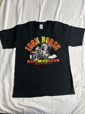 Gildan Black T-Shirt with Red, Yellow and Orange Graphic - Iron Horse Pub Eatery